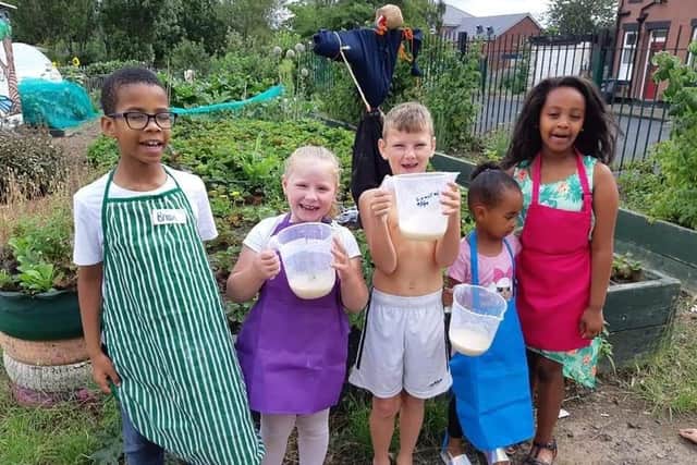 Children enjoying a session on an allotment with Hyde Park Source.
