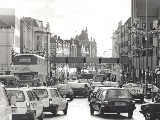 Vicar Lane is choked by traffic congestion in November 1994.