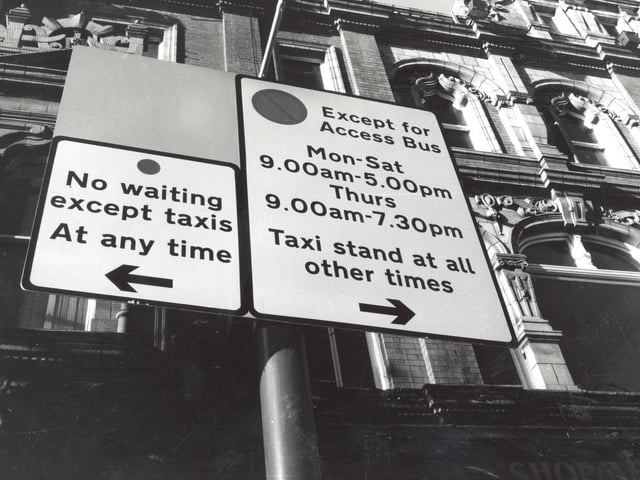 Angry disabled shoppers were taking taxi drivers and Leeds City Council to task over an access drop-off point on Vicar Lane - to which they cannot get access. Pictured in January 1994.
