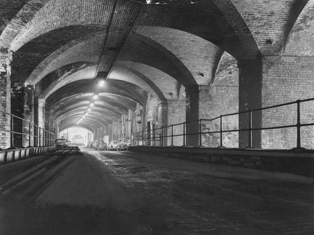 A Dark Arches road running beneath City Station towards Neville Street pictured in February 1969.