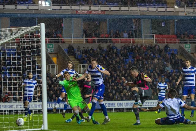 Jack Harrison heading home the 87th minute winner (Pic: Bruce Rollinson)