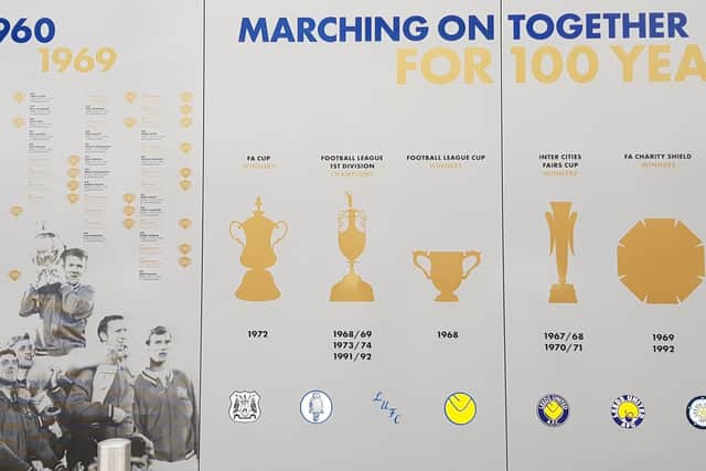 The wall lists details of every player's debut date and total number of appearances for Leeds United
