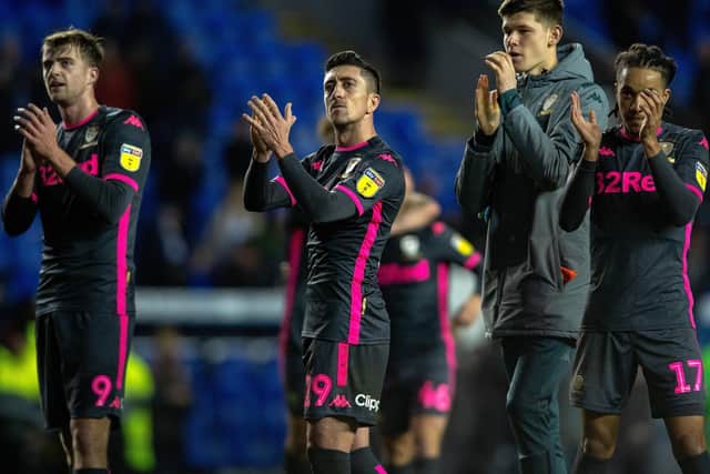 Leeds United players salute the fans after Tuesday's victory at Reading.