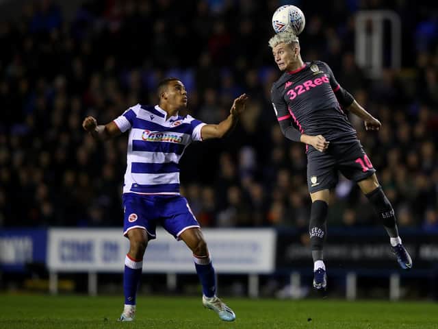 HEADING FOR VICTORY: Leeds United's Gjanni Alioski, right, who made a big impact as a second-half substitute in Tuesday night's 1-0 win at Reading. Photo by Warren Little/Getty Images.