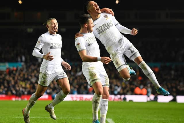 JUMPING FOR JOY: Leeds United's Portuguese winger Helder Costa celebrates his first Whites league goal in Saturday's 4-0 romp against Middlesbrough. Photo by George Wood/Getty Images.