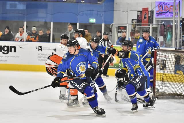CLEAR YOUR LINES: Leeds Chiefs manage to clear their zone after another Telford attack. Picture courtesy of Steve Brodie.