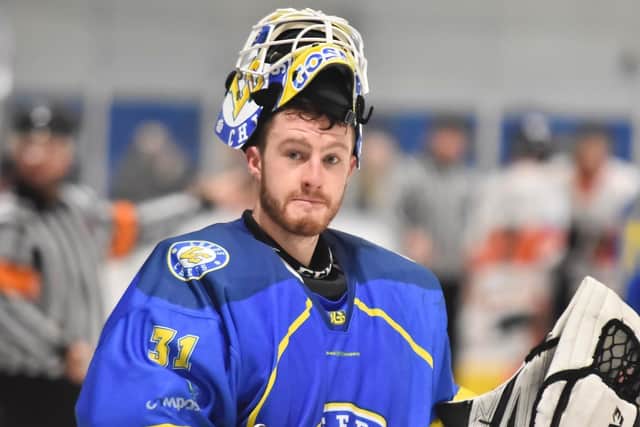 IN THE WAY: Leeds Chiefs' goaltender Sam Gospel saved 39 of 42 shots against Telford and then 45 of 48 against Milton Keynes on Sunday. Picture courtesy of Steve Brodie.