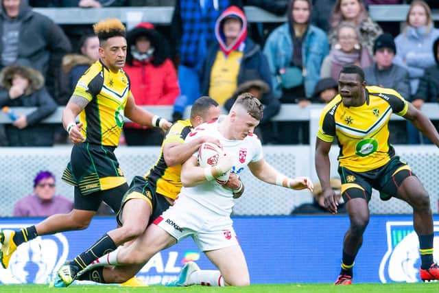 Harry Newman in action for England Knights against Jamaica.