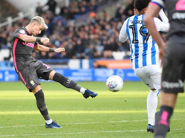 ROCKET: Gjanni Alioski powers home a 50th-minute volley to set Leeds United on their way to victory at Huddersfield Town. Photo by George Wood/Getty Images.