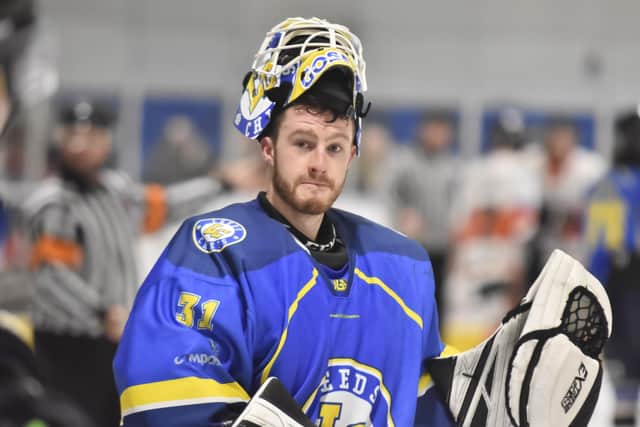 TOUGH NIGHT: Sam Gospel faced 51 shots in the 9-2 defeat against Peterborough Phantoms. Picture courtesy of Steve Brodie.