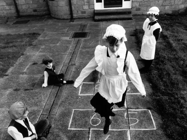 Pupils at Hunslet St. Mary's Primary enjoyed a game of hopscotch in November 1993 as they celebrated the school's 50th anniversary. Pictured, from left, are Matthew Laycock, Michael Graham Sarah Howard and Suzanne Hullah.