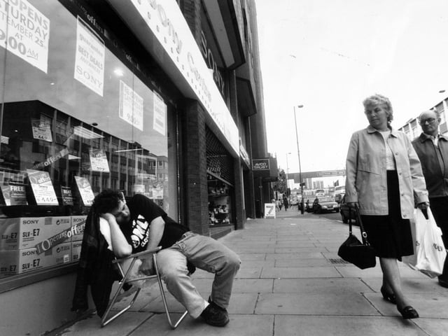 This is David Kelly who slept out on the pavement to be the first in line for the opening of the largest Sony Centre in Britain on Vicar Lane in September 1993.