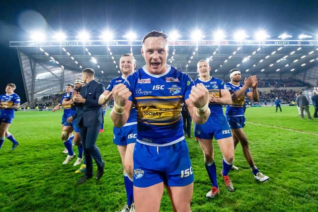 Leeds Rhinos' James Donaldson celebrates victory with a Golden Point win over Castleford last season. Picture: Allan McKenzie/SWpix.com