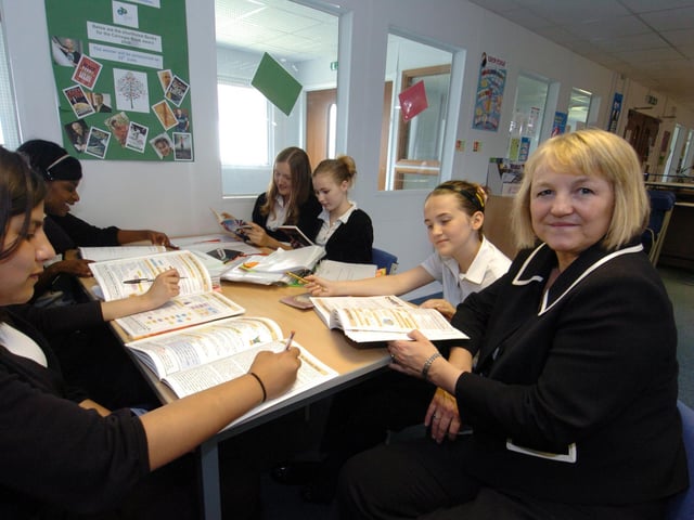 Parklands Girls' High School headteacher Helen Lane with pupils.