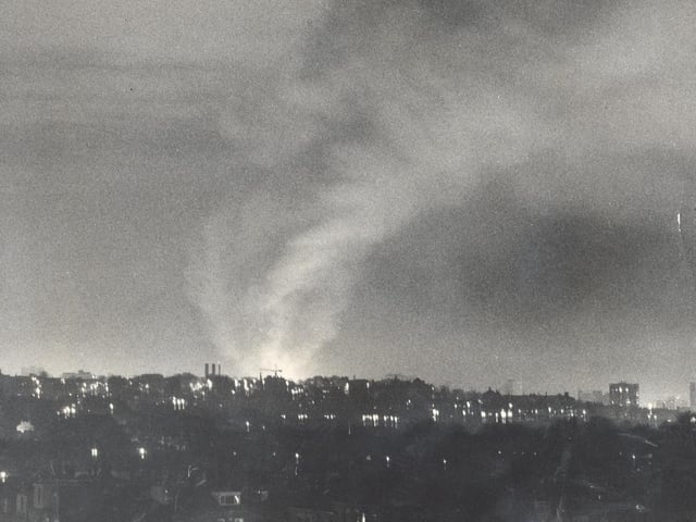 The scene from Headingley as flames leap into the air to light up the night sky.