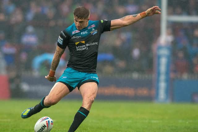 Liam Sutcliffe kicks the first points of the game against Wakefield Trinity last season (Picture: Bruce Rollinson)