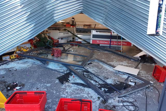 Damage caused to The Butchers Shop at Belgrave Retail Park in Stanningley after an apparent ram raid. Picture: Rebecca Buckley