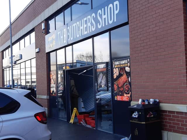 The Butchers Shop at Belgrave Retail Park in Stanningley had its store front smashed. Photo: Rebecca Buckley