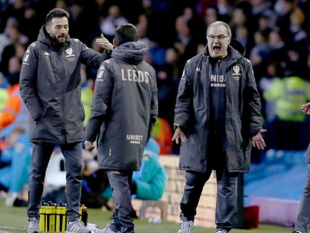 Leeds United head coach Marcelo Bielsa and some of his coaching staff. (Pic: Getty)