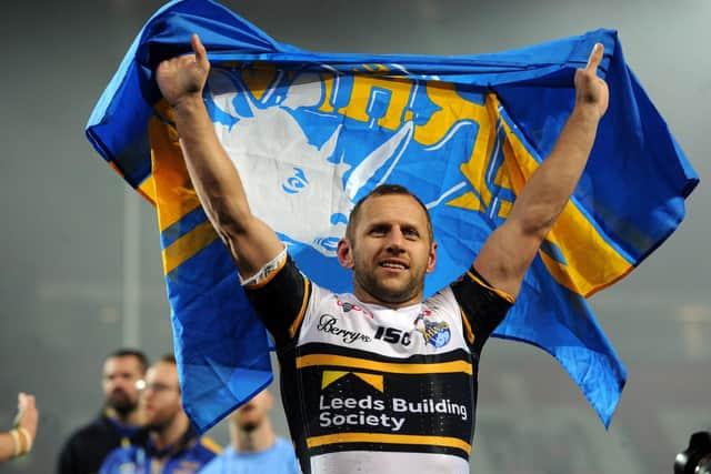 Rob Burrow salutes the Rhinos fans after the 2017 Grand Final win over Castleford Tigers.