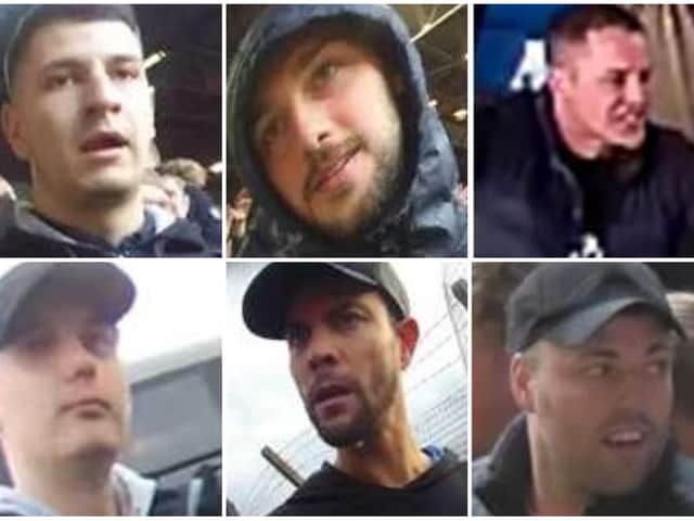 Police want to identify the people in these pictures in connection with disorder at Elland Road Stadium following a match between Leeds United and Birmingham City in October