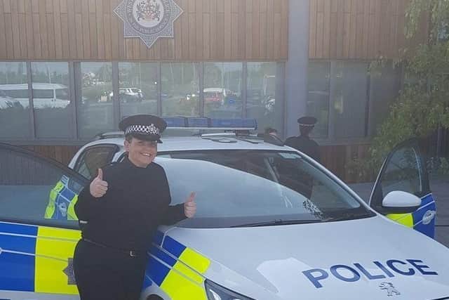 Pc Sam Wood, of West Yorkshire Police, who has raised awareness of the importance of checking yourselves for breast cancer after her body armour helped her discover a lump earlier this year