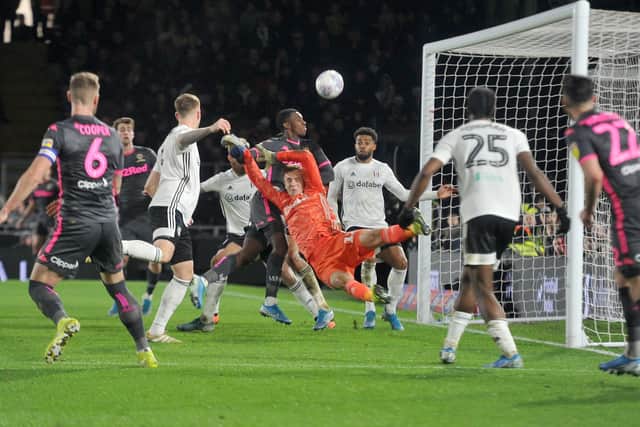 Eddie Nketiah heads over the bar late on against Fulham. Picture: Tony Johnson.
