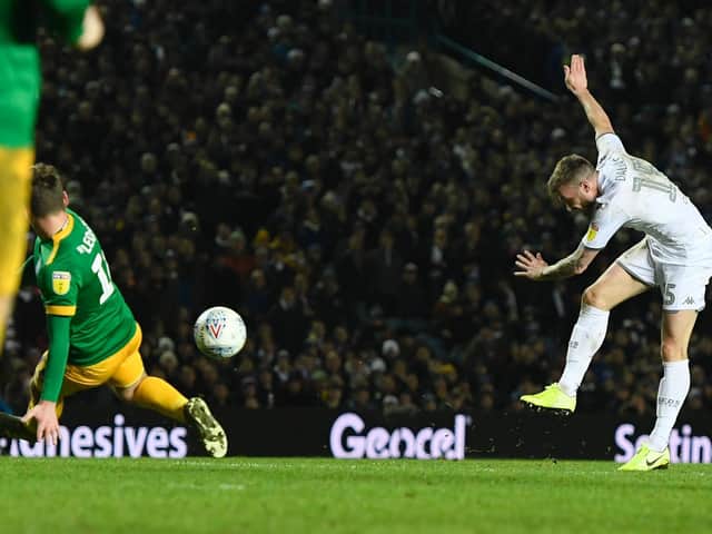 IF AT FIRST YOU DON'T SUCCEED: Stuart Dallas finally fires Leeds United level in Boxing Day's 1-1 draw against Preston North End. Photo by George Wood/Getty Images.