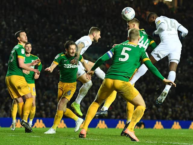 DENIED: Leeds United's Arsenal loanee star Eddie Nketiah rises to win a header from a second-half corner only to see his effort saved by Preston goalkeeper Declan Rudd. Photo by George Wood/Getty Images.