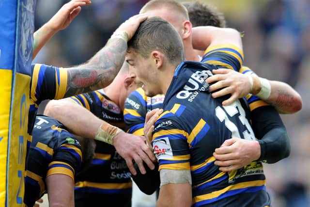Leeds Rhinos' captain Stevie Ward is congratulated after his try against Wakefield on Boxing Day.