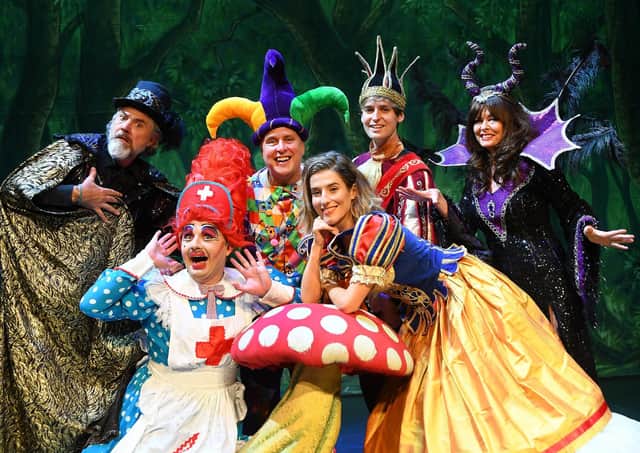 Pictured from the left are Mark Little, Steve Wickenden, Martin Daniels, Louise Henry, Jonny Muir, and Vicki Michelle in Snow White and the Seven Dwarfs at the Grand Opera House, York. Picture by David Harrison.