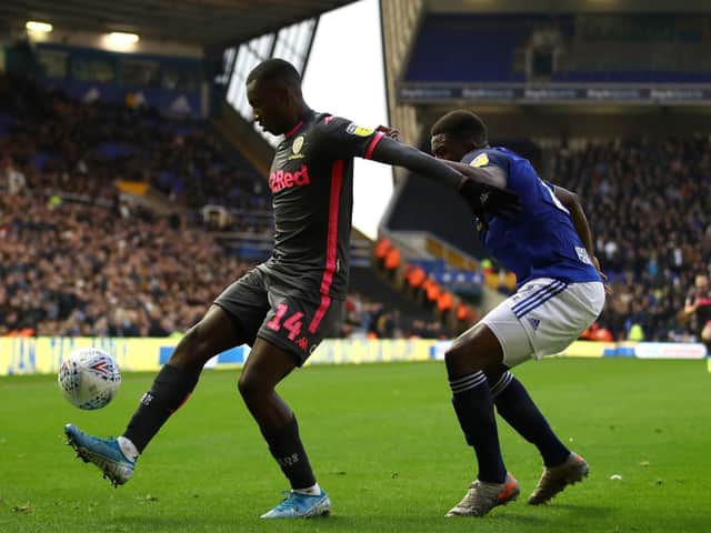 HOLD UP PLAY: Leeds United's Arsenal loanee striker Eddie Nketiah is challenged by Birmingham City defender Wes Harding in Sunday's crazy 5-4 win at Birmingham City. Picture by Tim Goode/PA Wire.