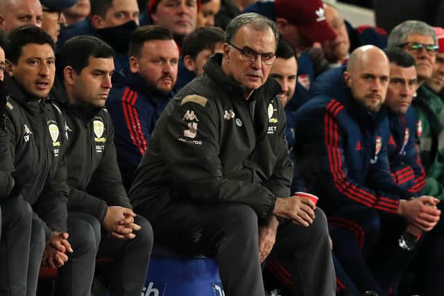 Marcelo Bielsa watching his Leeds United side at Arsenal, where they dominated for 45 minutes (Pic: Getty)