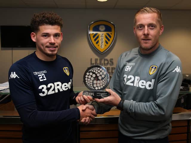 THE WAY WE WERE: Kalvin Phillips with the EFL's young player of the month award for November 2016 next to his former Leeds United head coach Garry Monk.