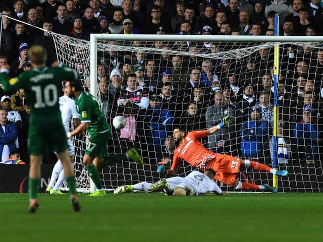 BEATEN: Leeds United trio Ben White, Liam Cooper and Kiko Casilla can only look on as AtdheNuhiu bags Sheffield Wednesday's second goal in Saturday's 2-0 win at Elland Road. Picture by Jonathan Gawthorpe.