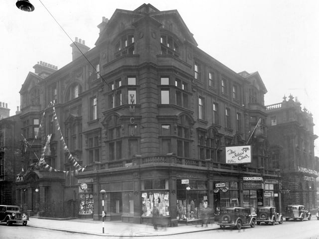 A view of Albion Street in the city centre. This building was put up in 1852 for Leeds and Yorkshire Assurance Co. It is now a Sainsbury's Local store.