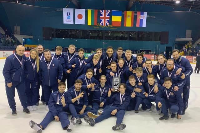 Great Britain Under-20s after winning silver at the recent World Championships Division 2A tournaent in Lithuania. Picture courtesy of Ice Hockey UK.