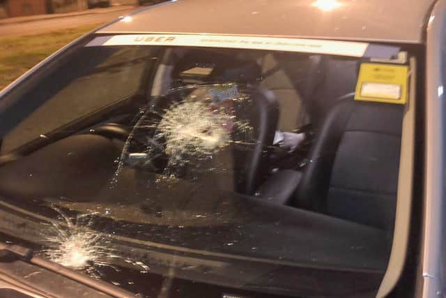 This taxi was pelted with missiles in Leeds in October.
