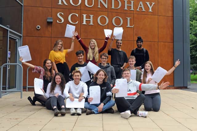 Students at Roundhay School, Leeds, pictured celebrating their A Level results in 2018. Picture: Tony Johnson.