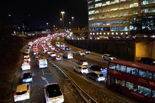 Traffic gridlock in Leeds city centre.