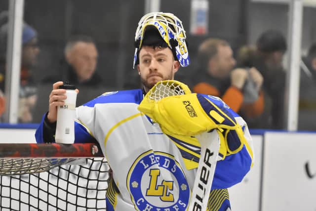 Leeds Chiefs' netminder, Sam Gospel, takes a breather during last Sunday's win at Telford Tigers. Picture courtesy of Steve Brodie.