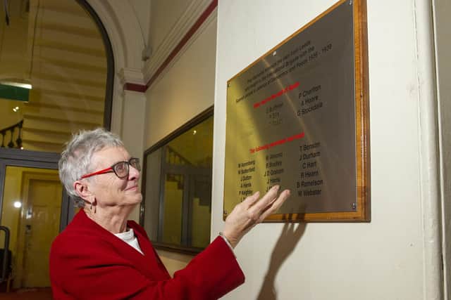 Local historian Janet Douglas with a new plaque unveiled in Leeds Town Hall to remember the volunteers from Leeds who fought in the Spanish Civil War as part of the International Brigade.