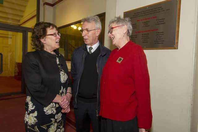 Leader of Leeds City Council Coun Judith Blake chats with Jack Benson from the Leeds Co-operative Party and local historian Janet Douglas by a new plaque unveiled in Leeds Town Hall to remember the volunteers from Leeds who fought in the Spanish Civil War as part of the International Brigade.