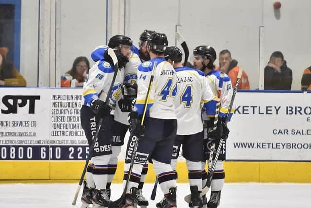 Leeds Chiefs, seen celebrating during last week's win at leaders Telford Tigers, will be first to use the new Elland Road rink when they host Sheffield Steeldogs on Friday, January 31. Picture courtesy of Steve Brodie.
