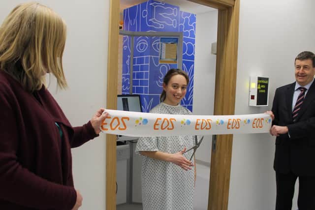 Patient Philippa Walker cuts ribbon with Sarah Jones, Chair of Sheffield Children's NHS Foundation Trust and Paul FGirth, Chair of The Children's Hospt