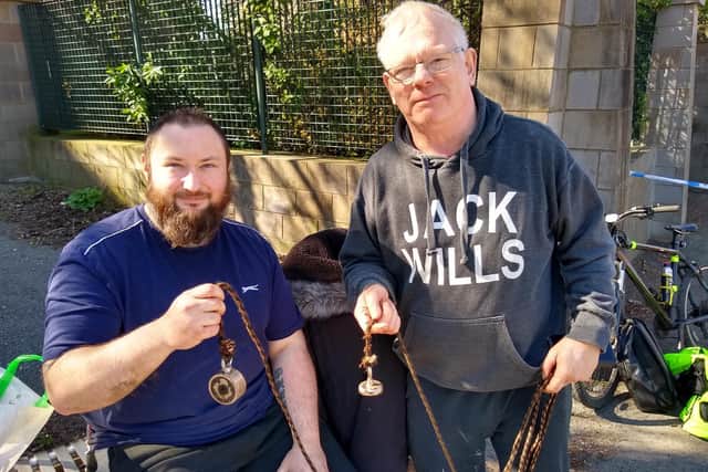 Dave Pearce and Ian Platt when they pulled out a bomb from the River Aire in Leeds.