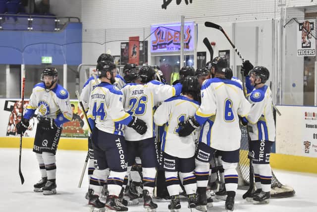 Leeds Chiefs celebrate their 3-2 win after a shootout at leaders Telford Tigers two weeks ago. Picture courtesy of Steve Brodie.