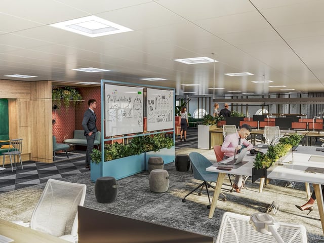 The modern office building will feature splashes of colour as well.