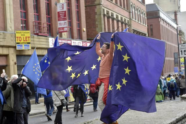 A protester hoists EU flags on The Headrow during a 'Stop Brexit' rally