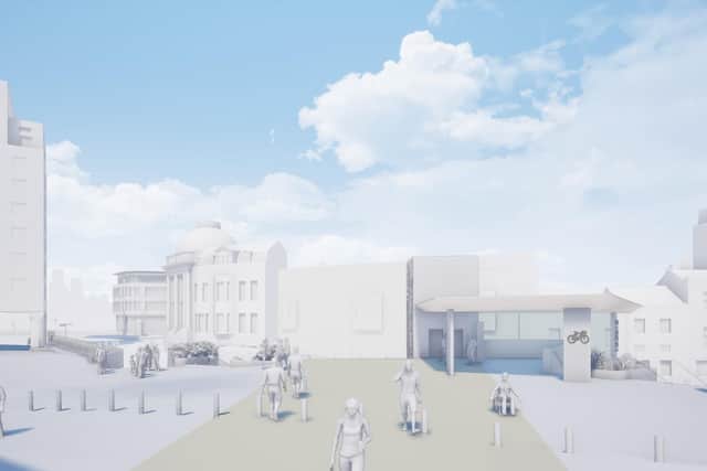 The proposed view of the newly-pedestrianised New Station Street - currently a taxi rank. The Queens Hotel is on the left of the picture.